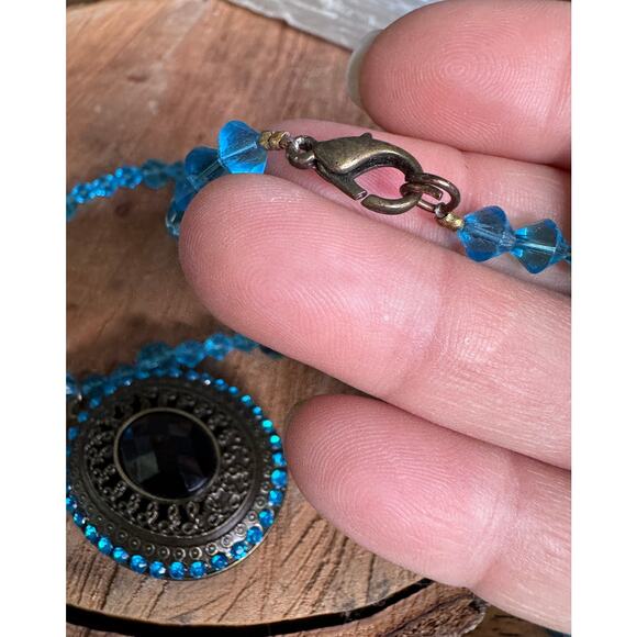 Aqua Marine  Beaded Necklace With Oval Locket Blue Rhinestones and Black Stone - Picture 5 of 5